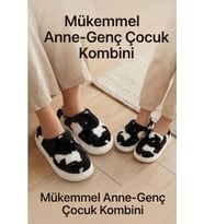 Hafif ve Yumuşak Peluş Kaymaz Taban Anne Çocuk Misafir İnek Desen Cow Print Ev Terliği