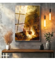 Gümüş Renk Metal Çerçeveli Tamperli Cam Tablo M. M. K. Kır Evi Şelale Dere Işık Gece Ressam Tablosu Duvar Dekoru