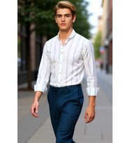 Erkek Çizgili Düğmeli Yaka Uzun Kollu Slim Fit Gömlek Modern Şıklık İdeal Seçim Günlük Konfor