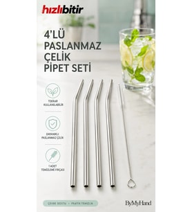 ByMyHand Paslanmaz Çelik Pipet 4'lü Set (Temizleme Fırçası Hediye)