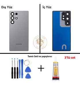 Samsung S25 Ultra Gri Arka Pil Kapağı Batarya Kapağı Lazer Kesim + Yapıştırıcı ve Vida Seti