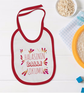BK Kids Halasının Ballı Lokumu Tasarımlı Kırmızı Bebek Mama Önlüğü-1