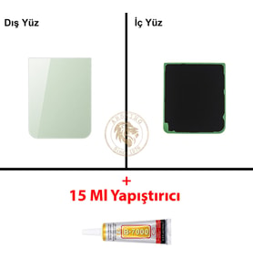 Samsung Galaxy Z Flip 5 Yeşil Renk Arka Kapak + B7000 Yapıştırıcı Arka Cam Batarya Kapağı Pil Kapağı Lazer Kesim Back Cover Galaxy Z Flip 5 Uyumlu