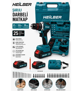 Şarjlı Darbeli Matkap 21V Çift Akülü 3.0Ah 25 Parça Set 10 mm