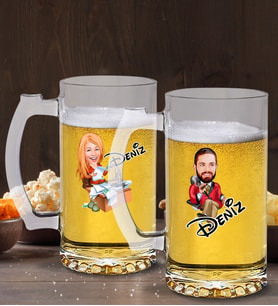 BK Gift Kişiye Özel Erkek ve Kadın Patron Karikatürlü 2’li Cam Bira Bardağı 50cl-2 (Beyaz)