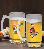 BK Gift Kişiye Özel Erkek ve Kadın Patron Karikatürlü 2’li Cam Bira Bardağı 50cl-2 (Beyaz)