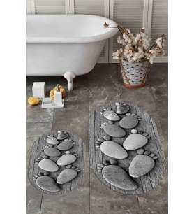 EVDEYA 3D Dijital Yıkanabilir Ayak İzi Desen İkili Oval Banyo Paspas Klozet Takımı, OKLOZET-15-GRİ, (Gri)