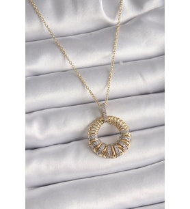 316L Çelik Gold Renk Zincir Gümüş Zirkon Taşlı Daire Model Kadın Kolye TJ-BKO9481
