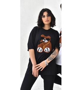 Sevgili Kombini Peluş İşleme Çift Unisex Tişört Siyah