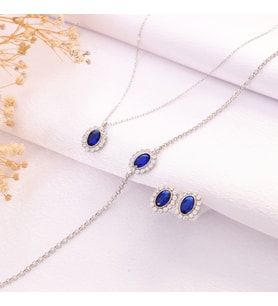 925 Ayar Gümüş Elmas Monturlu Safir Oval Kolye-Bileklik-Küpe Set