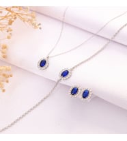 925 Ayar Gümüş Elmas Monturlu Safir Oval Kolye-Bileklik-Küpe Set