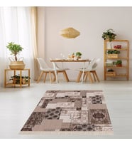 Patchwork Desenli Etnik Dijital Baskı Yıkanabilir Kaymaz Taban Vintage Salon Halı ve Yolluk (Koyu Bej)
