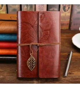 Deri Kapaklı Bağcıklı Defter – Retro Vintage Tarz, Eskitme Sayfalar, Yaprak Desenli, Çizgisiz Spiralli Günlük, Hatıra, Not, Anı Ajanda Defteri Zarif Hediyelik