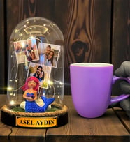 Kişiye Özel Tasarım Led Işıklı Fanus ve Mor Kupa Bardak Hediye Seti (Model 7)