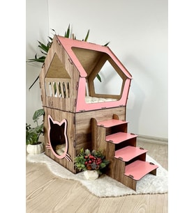 Mavitrend Ahşap Büyük Kedi Evi XXL Açık Teraslı Model 5 Kg Üstü Kediler İçin Kahve- Pembe Renk (Kahverengi)