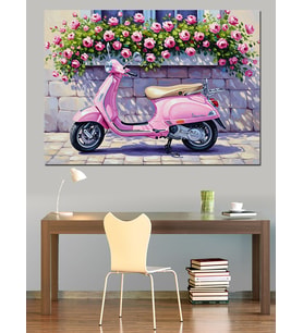 Çiçekli Pencere Önündeki Pembe Vespa Motosiklet Dekoratif Kanvas - Mdf Ahşap Tablo