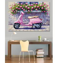 Çiçekli Pencere Önündeki Pembe Vespa Motosiklet Dekoratif Kanvas - Mdf Ahşap Tablo
