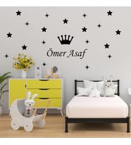 Tilki Dünyası 49 Parça Çocuk ve Bebek Odası Dekoratif Duvar Sticker Seti - Kişiye Özel Yıldızlar ve Taç Duvar Çıkartması - Siyah ve Mavi Renk Seçenekleriyle