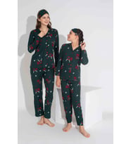 Yeni Sezon Sonbahar/Kış Kız Çocuk Geyik Desenli Süet Pijama Takımı 2724-11 Zümrüt Yeşili
