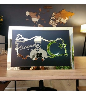Atatürk Türkiye Haritası Ahşap Siyah Mdf Üzeri Aynalı Gold Pleksi Dekorasyon Ürünü 48x30