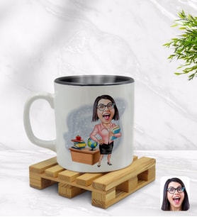 BK Gift Kişiye Özel Kadın Öğretmen Karikatürlü İçi Siyah Renkli Kupa Bardak Model 5