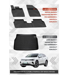 Sahler Volkswagen ID.4 2020+ Uyumlu 4.5d Premium Havuzlu Oto Paspas ve Liner Marka 3D ÜST Bagaj Havuzu