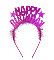 Tüylü Simli Happy Birthday Taç (Fuşya)