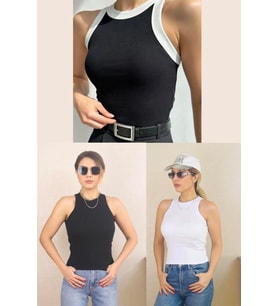 Kadın 3'lü Premium Pamuklu Fitilli Atlet Beyaz, Siyah, Kontrast
