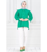 Büyük Yaka Kolu Büzgü Detaylı Tunik-Benetton Yeşili