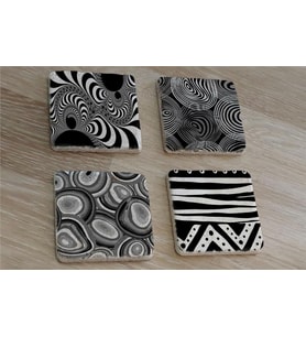 Siyah Beyaz Geometrik Desenler Doğal Taş Bardak Altlığı 4'lü set - Natural Stone Coasters