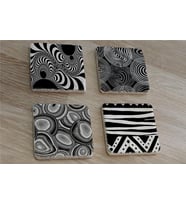 Siyah Beyaz Geometrik Desenler Doğal Taş Bardak Altlığı 4'lü set - Natural Stone Coasters
