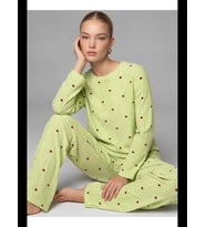 Night Kadın Çizgili Kalp Desenli Uzun Pijama Takımı