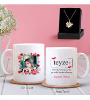 BK Gift Kişiye Özel Fotoğraflı Teyze Tasarımlı Kupa ve Papatya Kolye Hediye Seti-1 (Model 1)