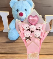 Premium 35 cm Peluş Ayı ve Kalp Balonlu Romantik Pembe Peluş Ayıcık Buketi (Açık Mavi)