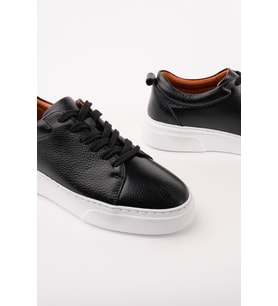 Muggo LEONS Hakiki Deri Erkek Kalın Taban Bağcıklı Günlük Casual Sneaker (Siyah - Beyaz)