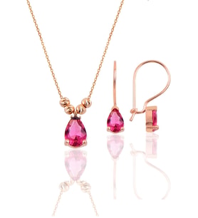 Söğütlü Silver Gümüş rose yakut  renkli dorica damla kolye ve çengelli küpe seti