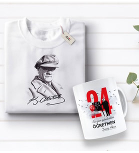 BK Gift Kişiye Özel Öğretmenler Günü Tasarımlı Kupa Bardak ve Atatürk Baskılı Tişört Hediye Seti- 1-4, Öğretmene Hediye, Öğretmenler Günü, 100. Yıl Hediyesi