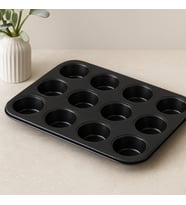 12 Gözlü Metal Muffin Kek Kalıbı - Siyah (Düz)