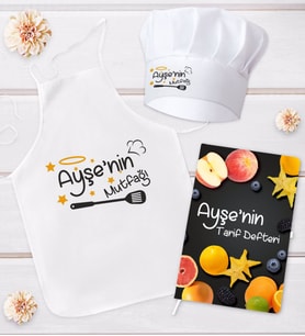 BK Gift Kişiye Özel Mutfak Önlüğü Aşçı Şapkası ve Tarif Defteri Hediye Seti Model 4
