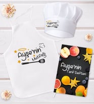 BK Gift Kişiye Özel Mutfak Önlüğü Aşçı Şapkası ve Tarif Defteri Hediye Seti Model 4