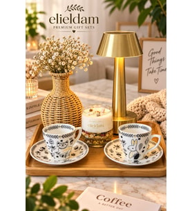 Doğum Günü Özel Gün Kedi ve Tavşan Desenli 2'li Porselen Fincan, Mum ve Masa Lambası Seti