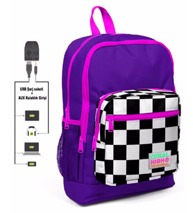 Coral High Mor Damalı İlkokul ve Günlük Sırt Çantası - Kız Çocuk - USB ve AUX Soketli