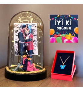 Doğum Günü Hediyesi - Kelebek Kolyeli, Led Işıklı, Biblolu ve Fotoğraflı Fanus FA5