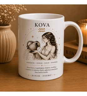 Kova Burcu Baskılı Beyaz Kupa Bardak  Astroloji Temalı Seramik Kahve Kupası  Modern Burç Tasarım Hediye