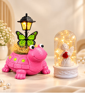 LED Işıklı Beyaz Melekli Fanus ve El Yapımı Pembe Kaplumbağa Masa Lambası Hediye Seti – Sevgiliye Arkadaşa Doğum Günü ve Yıl Dönümü Hediyesi