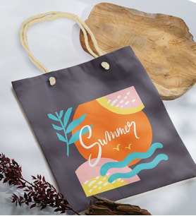 BK Gift Yaz Temalı Antrasit Halat Saplı Kumaş Plaj Çantası -15, Baskılı Omuz Çantası, Alışveriş Çantası, Arkadaşa Hediye, Sevgiliye Hediye