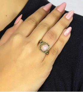 Doğal Taş Pembe Kuvars Taşlı Antik Model Kadın Ayarlanabillir Yüzük euy80pk