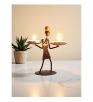 Retro Etnik Afrika Figürlü Çift Mumluk - Dekoratif Şamdan Tutucu (14 cm)