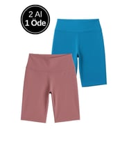 Kadın 2'li Paket Kısa Tayt Açık Pembe - Açık Mavi Yüksek Bel Toparlayıcı Esnek Günlük Spor Kısa Tayt