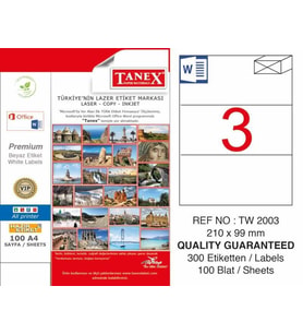 TANEX LASER ETİKET TW-2003 - 210 X 99 MM ÜCRETSİZ KARGO